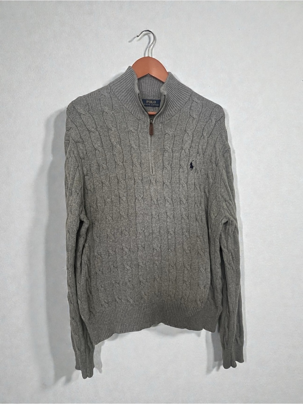 Polo Ralph Lauren Sweater Men Medium Black Cable Knit 1/4 Zip Preppy Navy Pony L